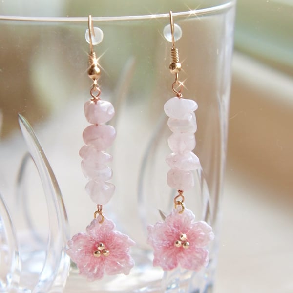 Rose Quartz Microcrochet Floral Earrings 