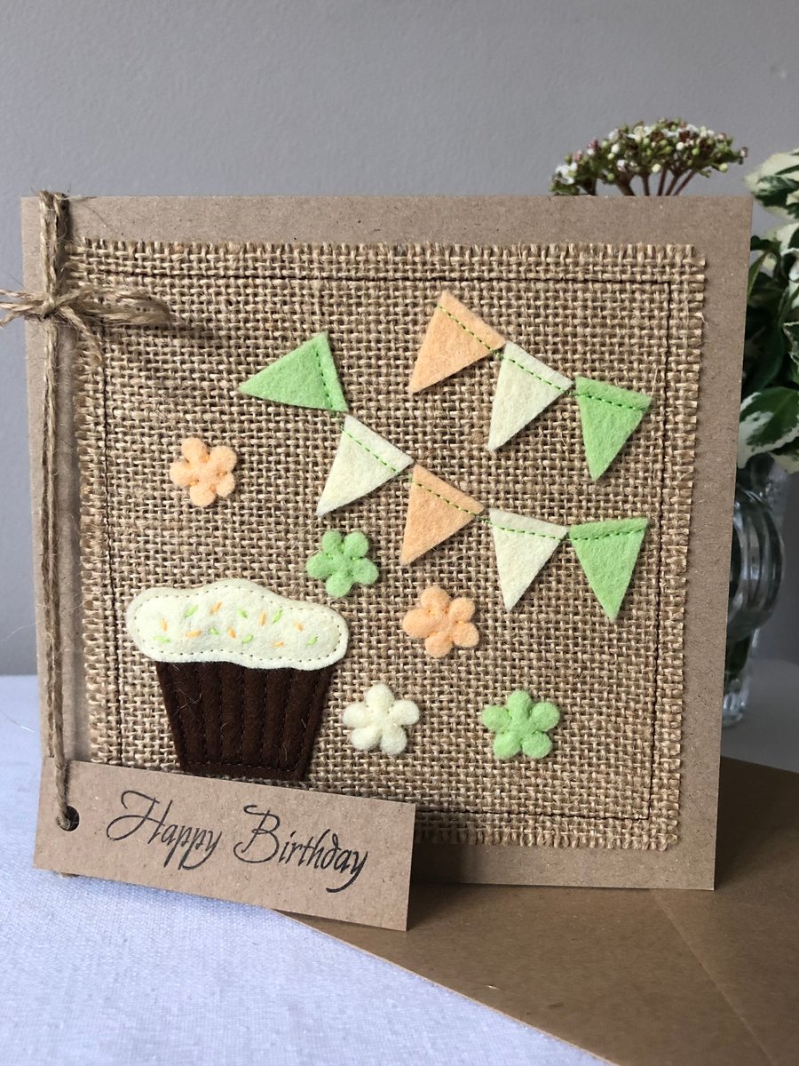 Chocolate cupcake with mint, orange bunting, handmade, wool felt, birthday card