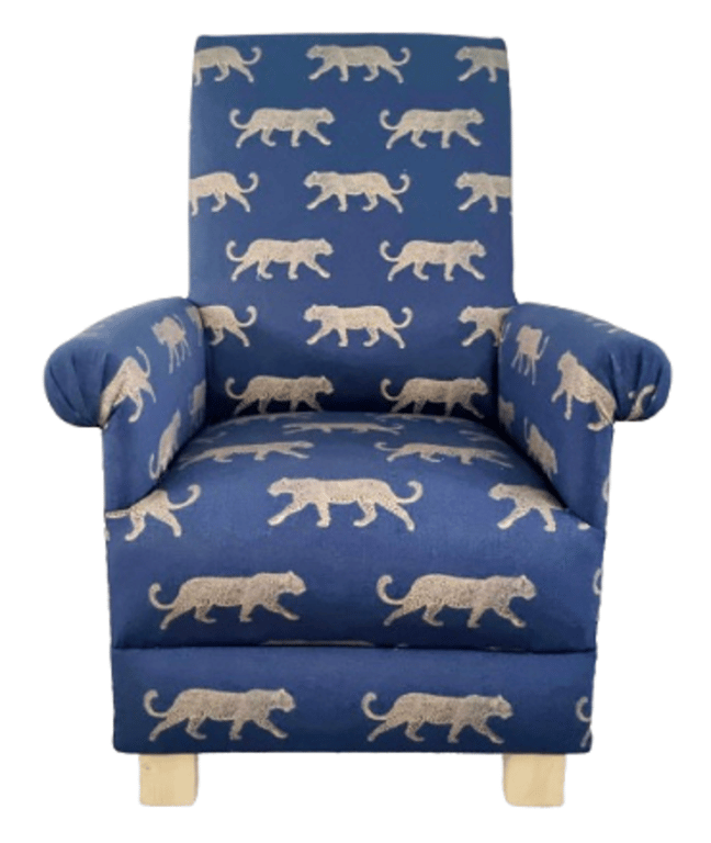 Blue Gold Leopards Armchair Adult Accent Chair Fryetts Indigo Fabric Animals Cat