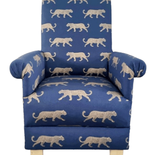 Blue Gold Leopards Armchair Adult Accent Chair Fryetts Indigo Fabric Animals Cat