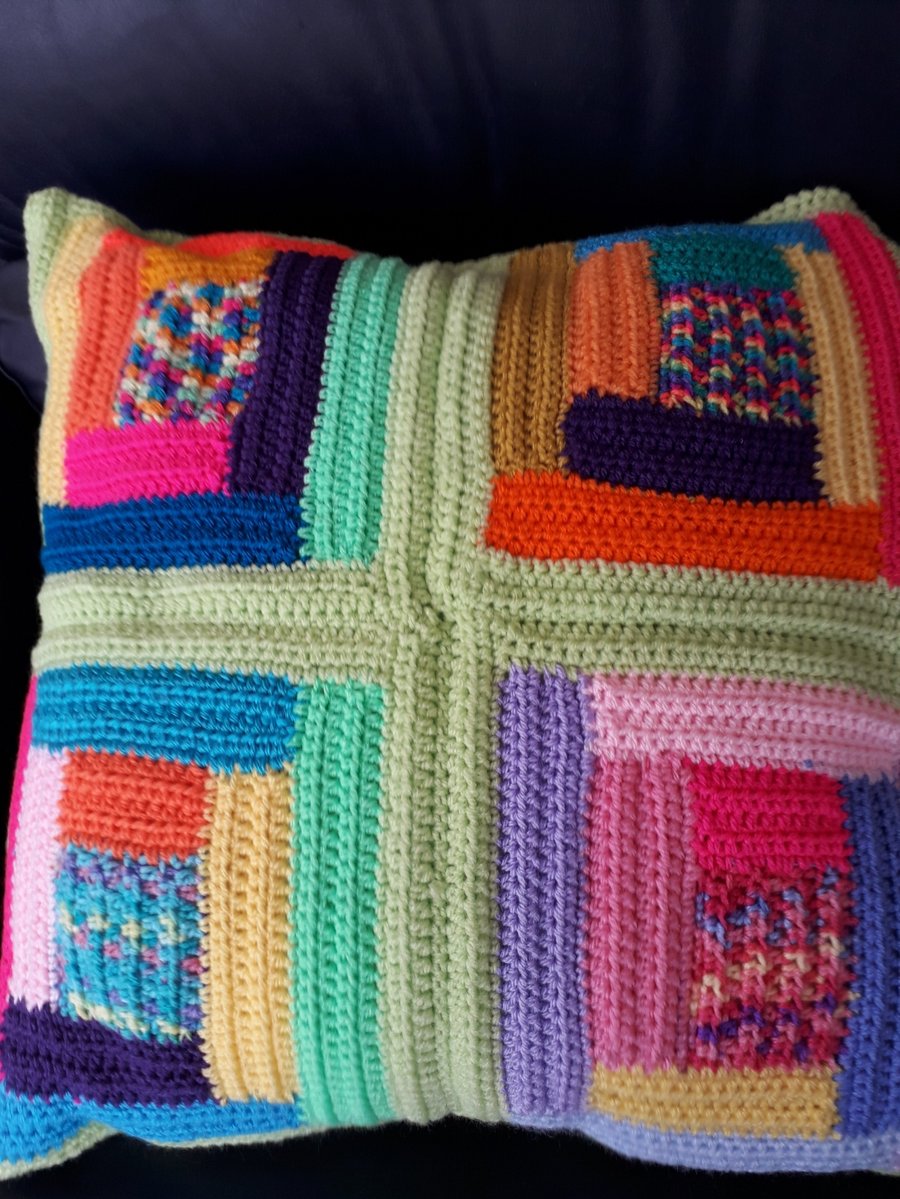 Crochet Hand-Made Log Cabin Cushion Cover