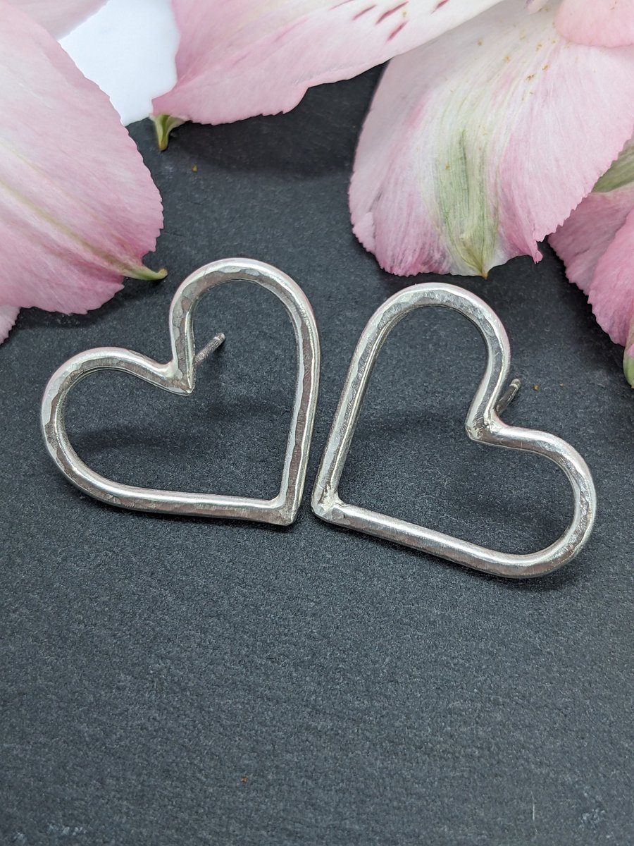 Handcrafted hammered heart stud earrings, Sterling silver large heart earrings