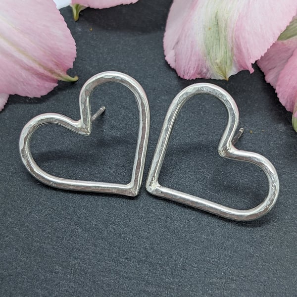 Handcrafted hammered heart stud earrings, Handmade sterling silver heart earring