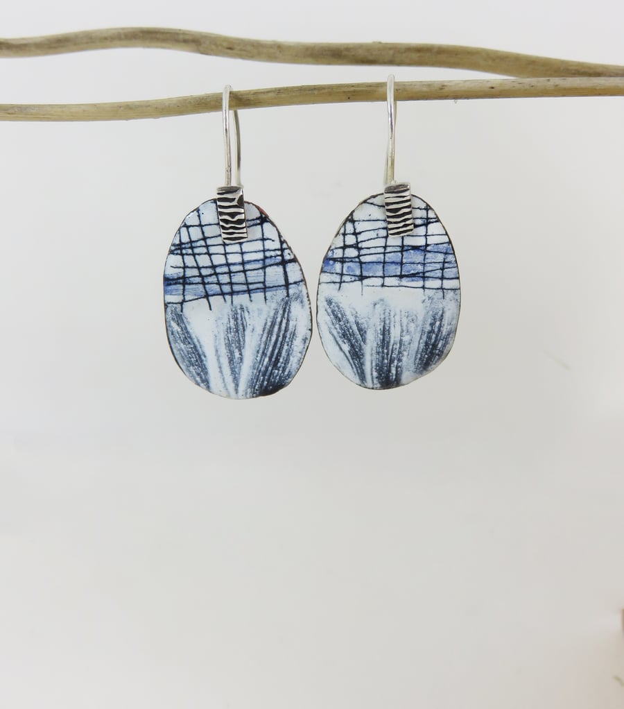 Statement Unique Enamel and Silver Dangle Earrings with Hand Drawn Detail
