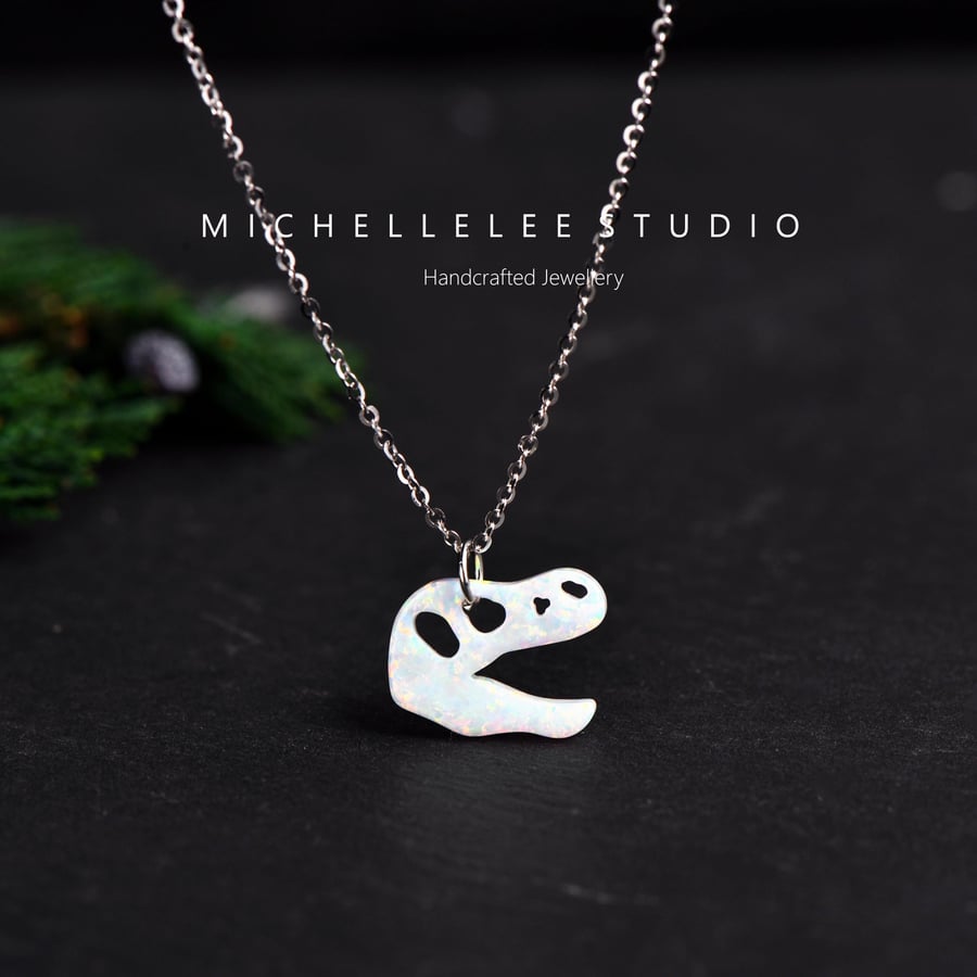 Opal T-Rex Skull Necklace With 925 Sterling Silver Chain