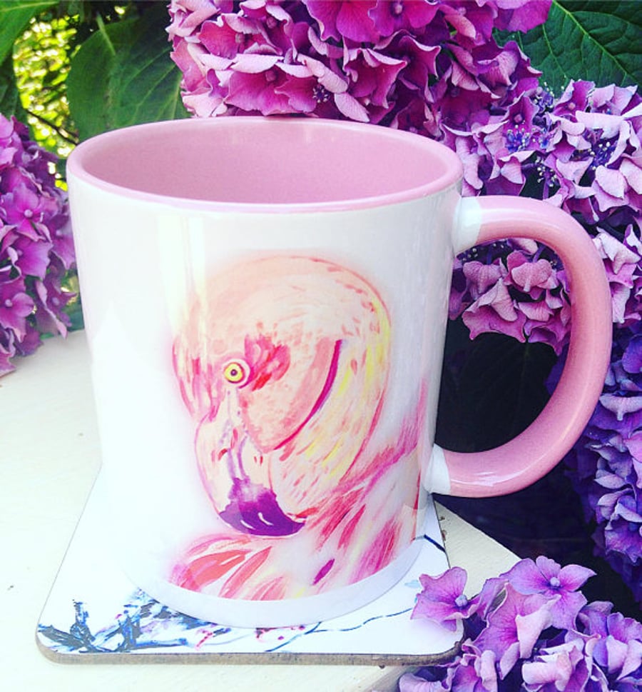 Flamingo Mug, Pink Inside and Handle, Flamingo Illustration Mug, Gift for Her