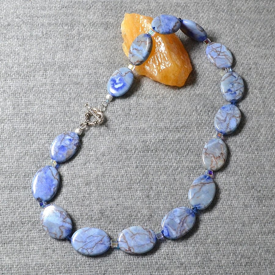 Pale Blue (dyed) Oval Stone and Crystal Necklace