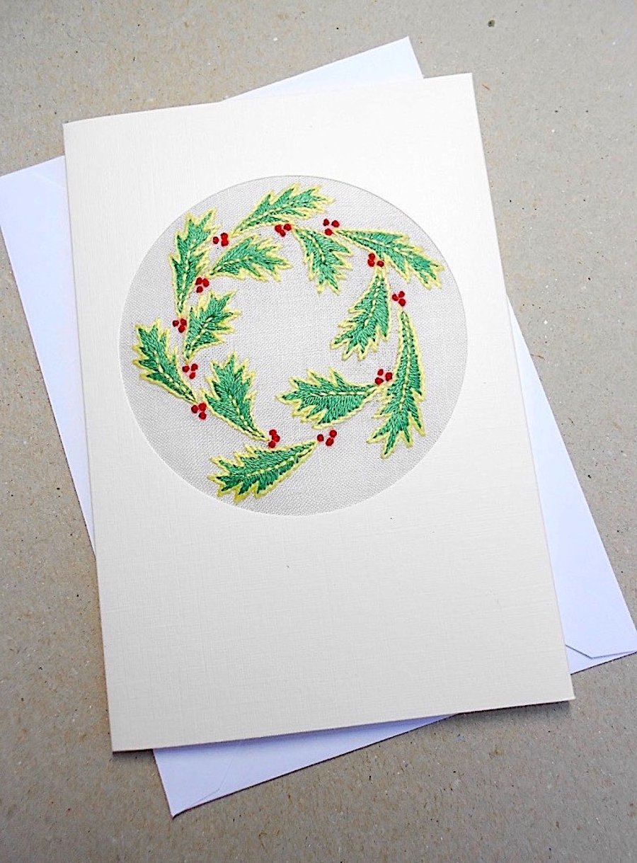 Embroidered Holly Card For December Birthday. Christmas.