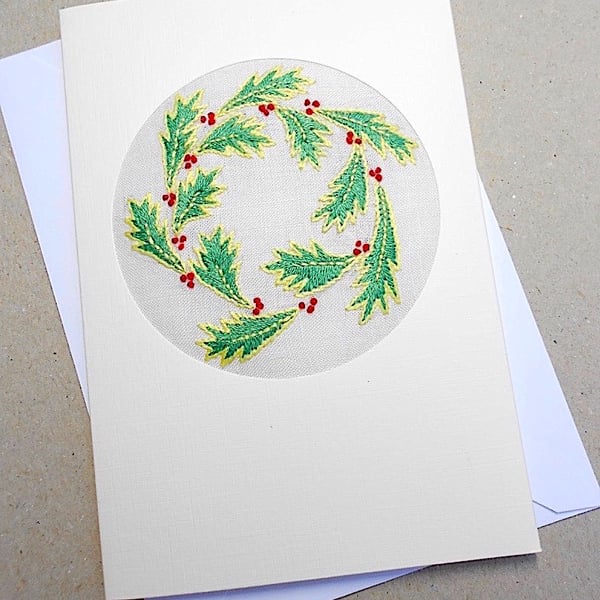 Embroidered Holly Card For December Birthday. Christmas.