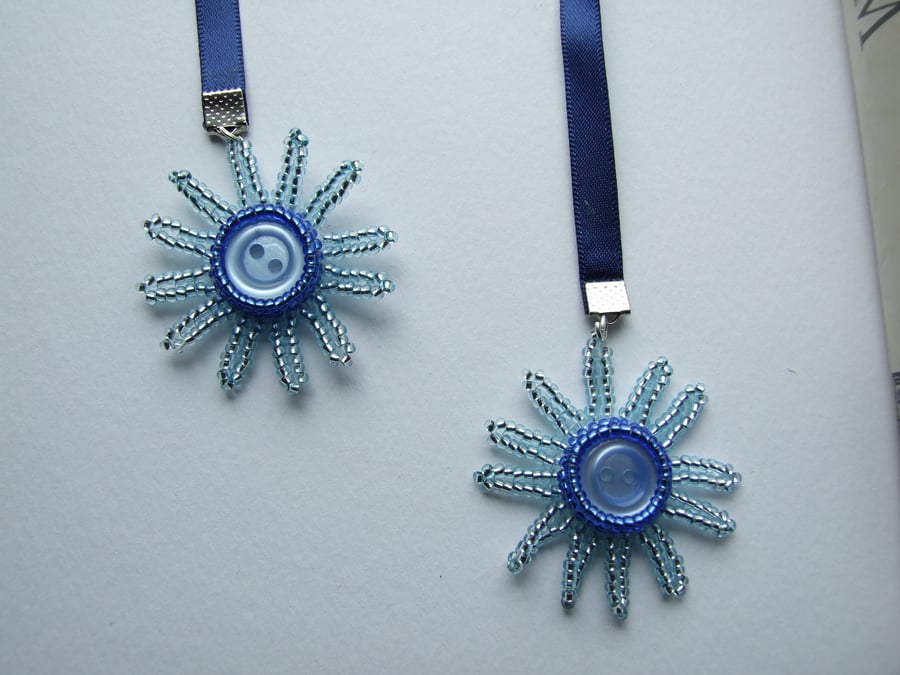 Blue Bead and Button Daisy Ribbon Bookmark