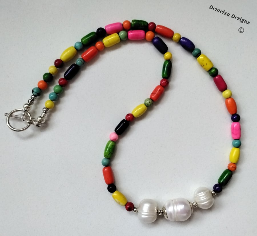 Baroque Freshwater Pearl & Multicoloured Howelite Necklace  'ONE OFF'