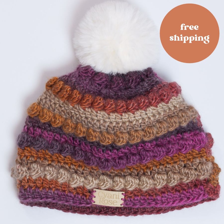 Hat-hand made crochet with faux fur detachable pompom Autumn colours