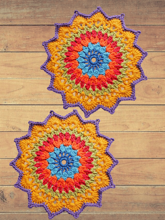 set of 2 colourful crochet mandala doilies