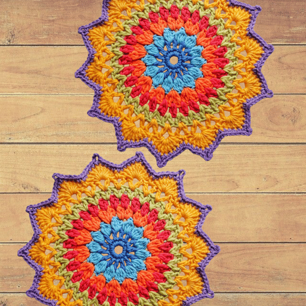 set of 2 colourful crochet mandala doilies