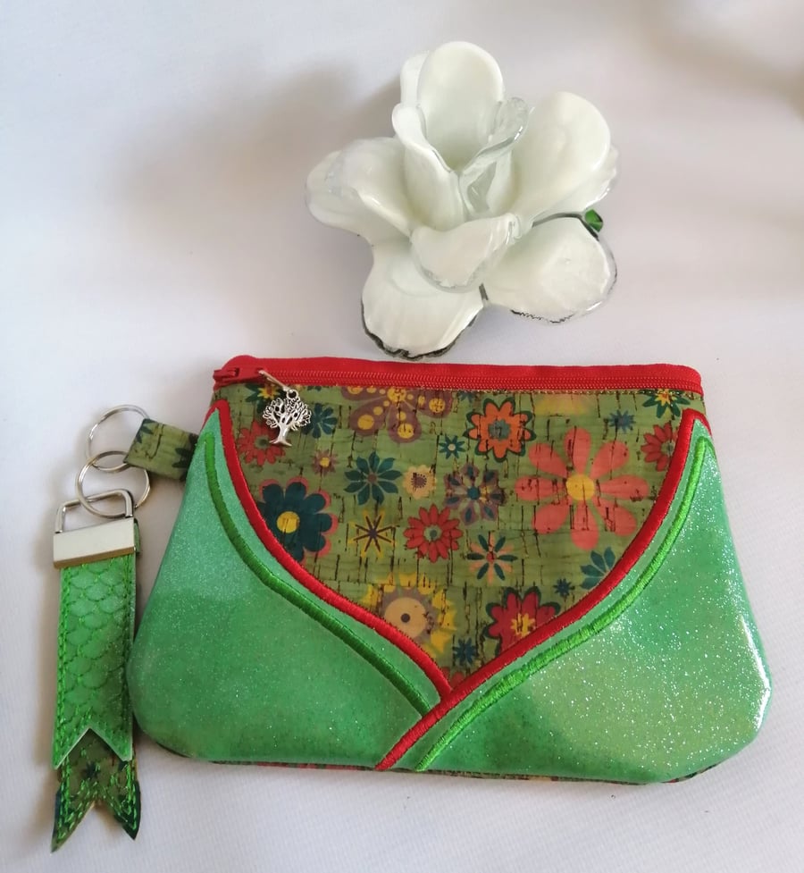 PATTERNED CORK FABRIC AND GREEN GLITTER VINYL BAG WITH MATCHING VINYL KEYFOB