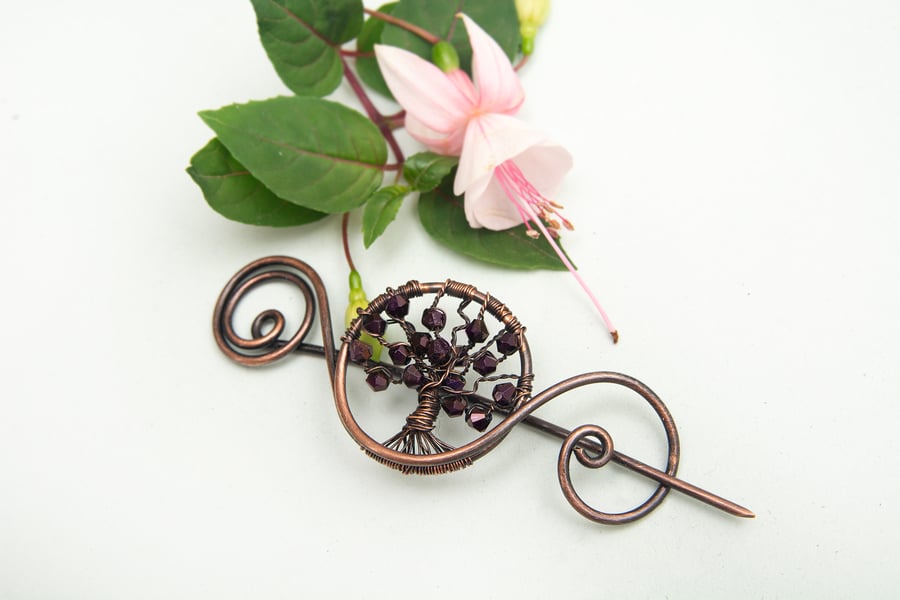 Unique tree of life brooch,antique copper shawl pin,purple crystal beads