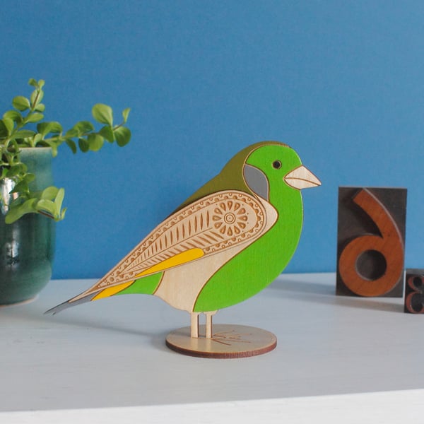 Standing Wooden Greenfinch Decoration - Etched and Hand Painted 