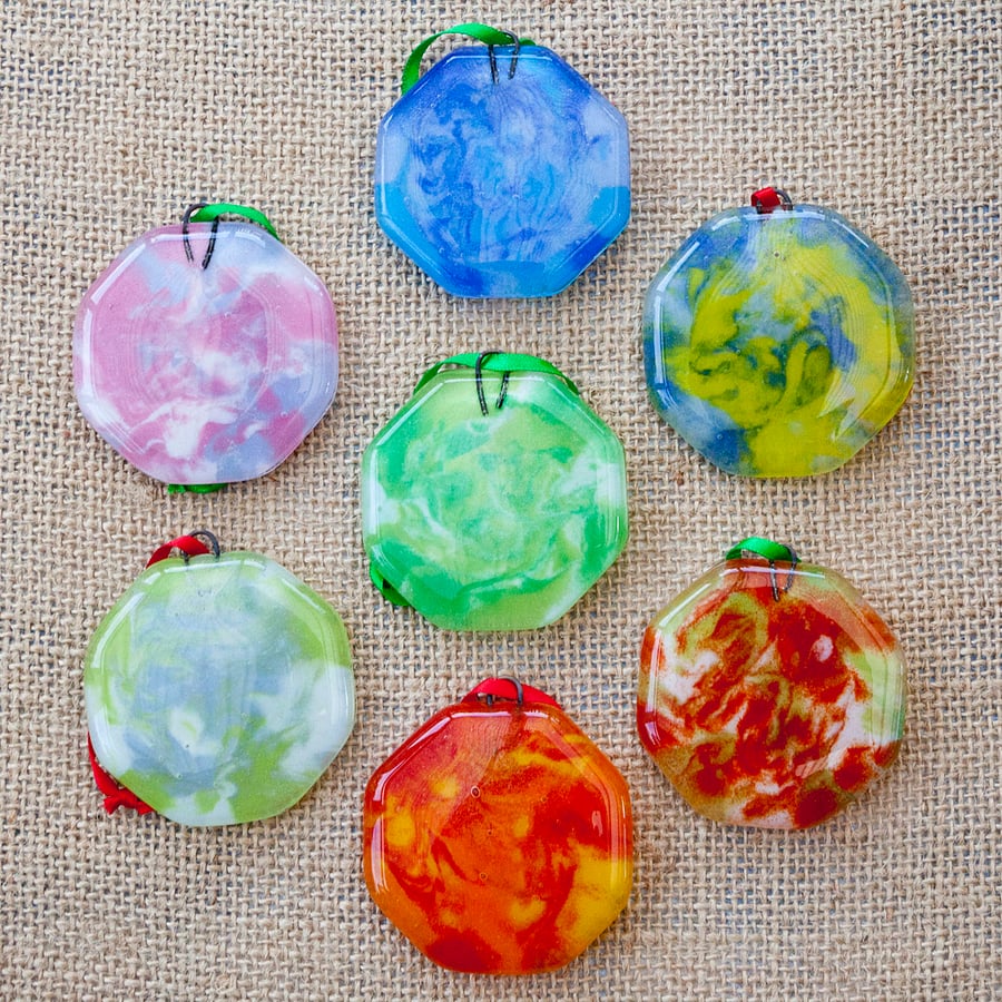 Colourful Marbled Fused Glass Christmas Round Decorations