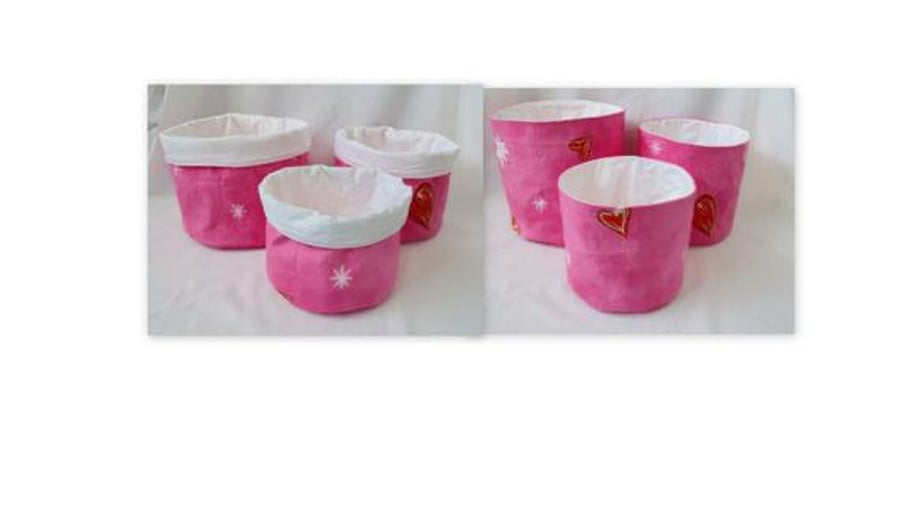 set of three graduated pink love heart cotton storage tubs, pink