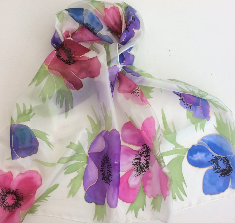 Anemone hand painted silk scarf