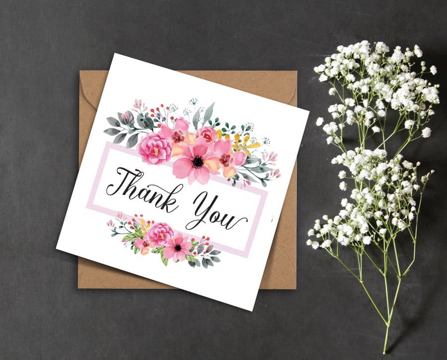 THANK YOU rustic wedding wild pink flowers and green leaves frame card