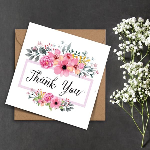 THANK YOU rustic wedding wild pink flowers and green leaves frame card