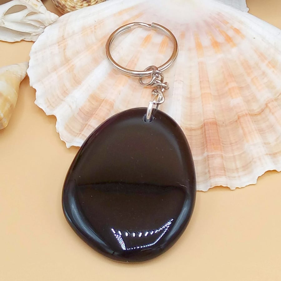 Large Black Stone Keyring, Silver Key Fob, End of Term Gift