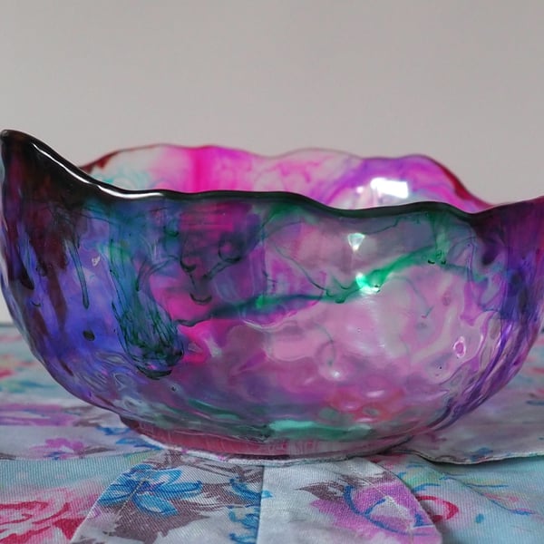 Irregular Resin Bowl in Pinks, Purples and Green 