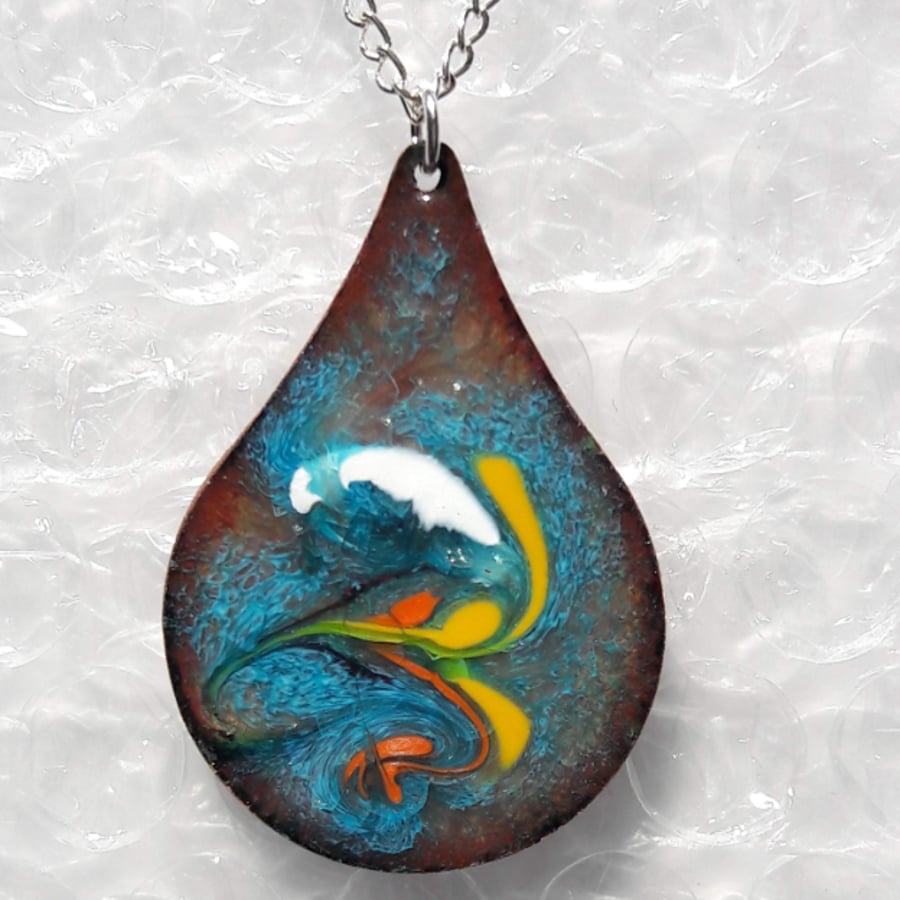 teardrop pendant - scrolled white, yellow, blue and orange on blue-green enamel
