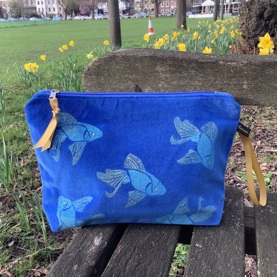 Royal Blue Koi Fish Velvet Makeup Bag