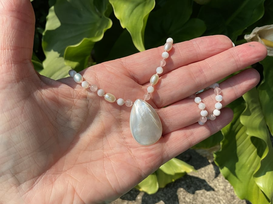 Mother of Pearl, Rose Quartz, Pearl, Sterling silver hand knotted silk necklace