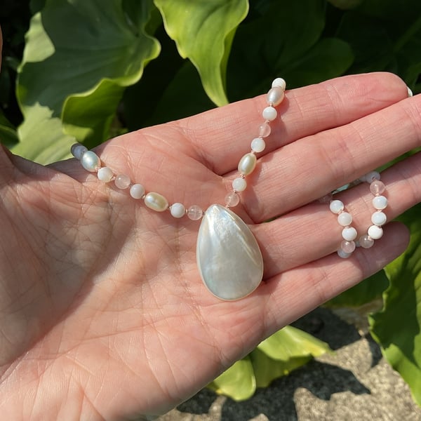 Mother of Pearl, Rose Quartz, Pearl, Sterling silver hand knotted silk necklace