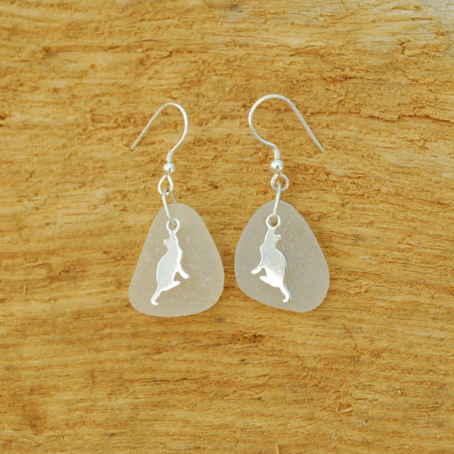 White sea glass earrings with silver cats