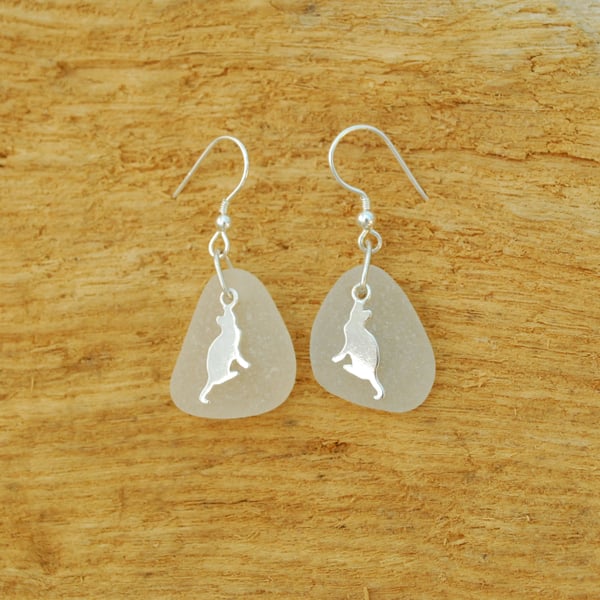 White sea glass earrings with silver cats