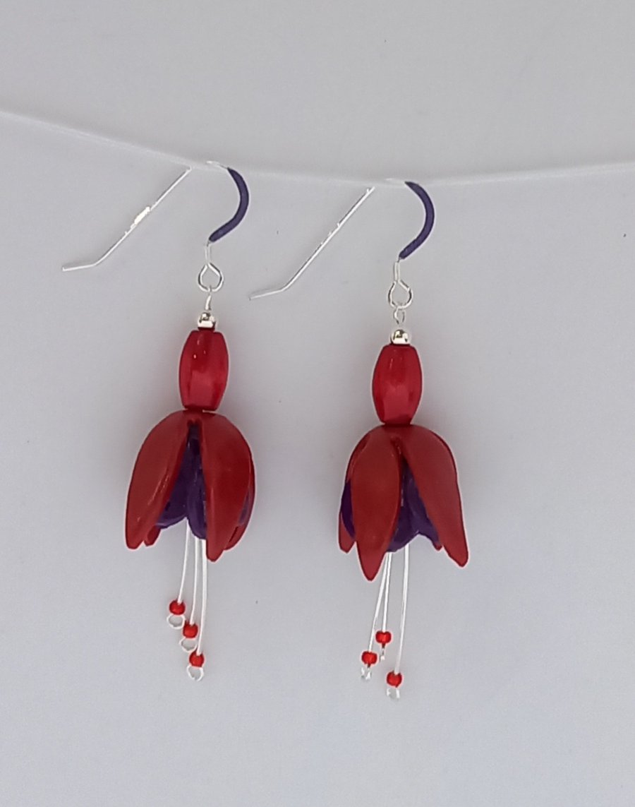 Fuchsia flower earring, red & purple