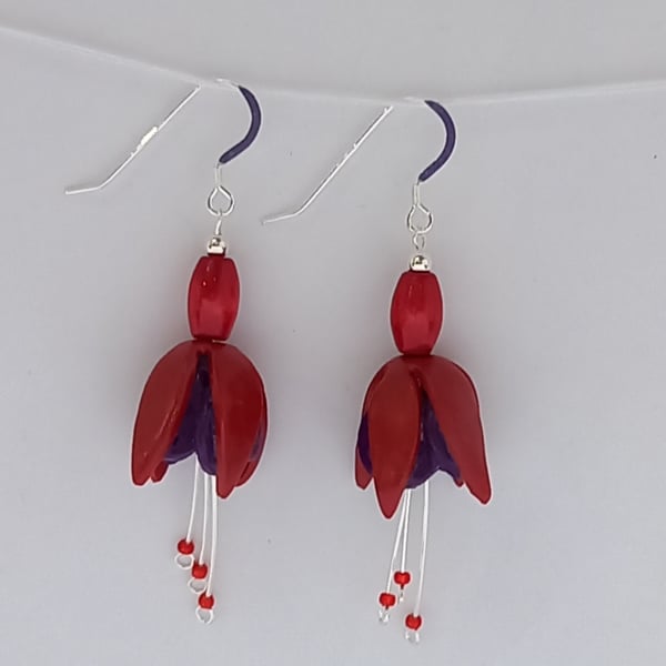 Fuchsia flower earring, red & purple