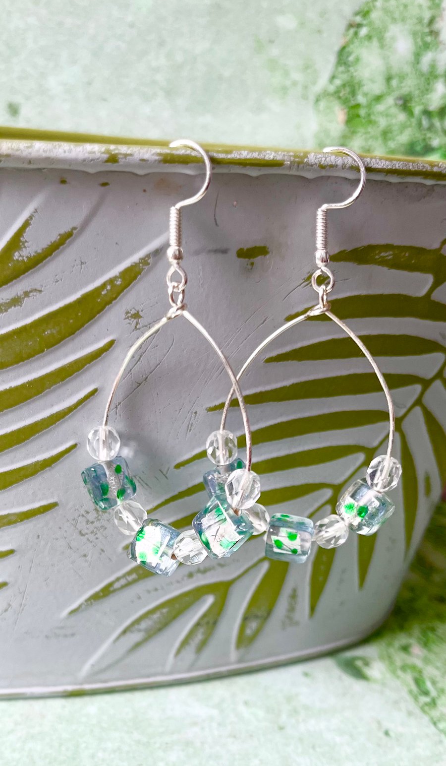 Large Oval Hoop Earrings - Green Speckled Foiled Glass Bead - 40mm - Gold 