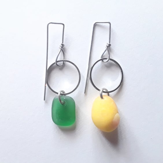 Asymmetrical Seaglass & Shell Earrings: Yellow & Green