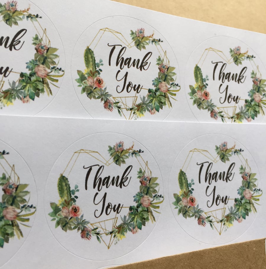 Heart frame cactus THANK YOU circle stickers 37, 45mm wedding favour round label