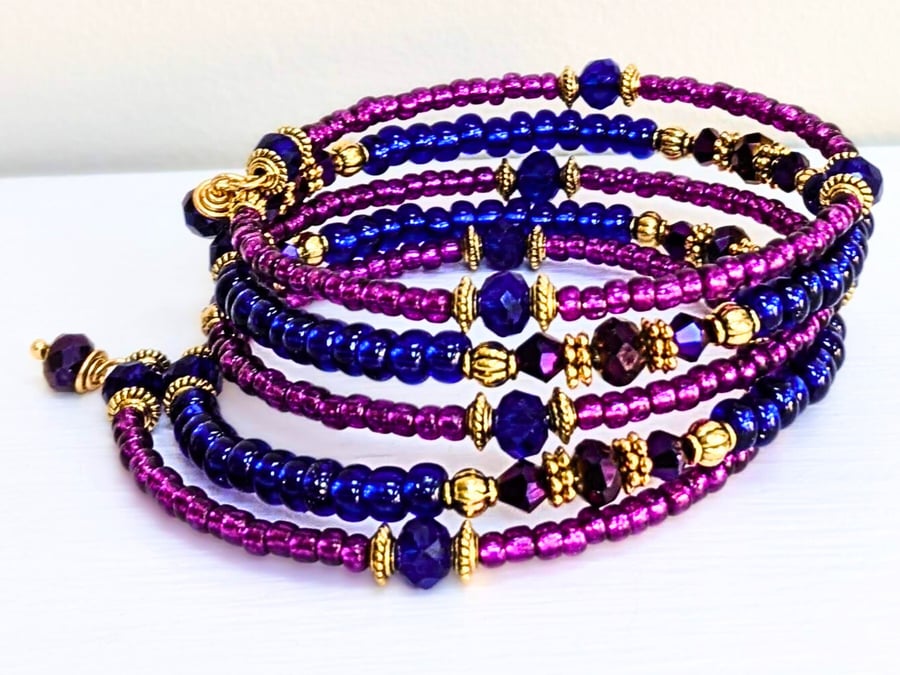 Memory Wire Beaded Bracelet in Purple, Gold and Blue