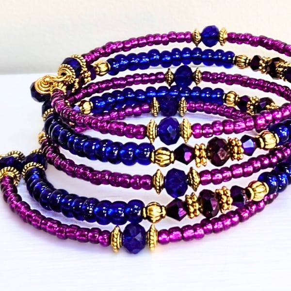 Memory Wire Beaded Bracelet in Purple, Gold and Blue