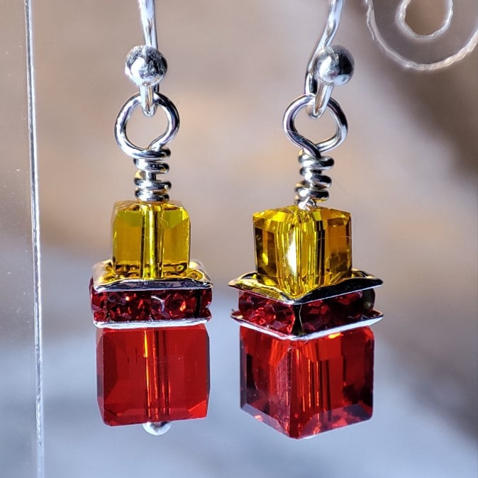 Glass Crystal earrings, red and amber