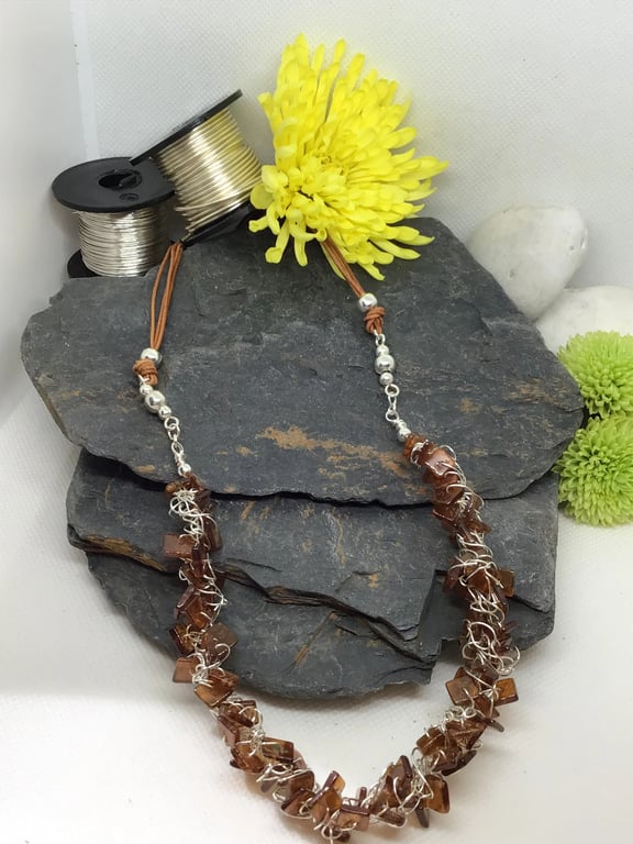 Hessonite Garnet Wire Crochet Necklace