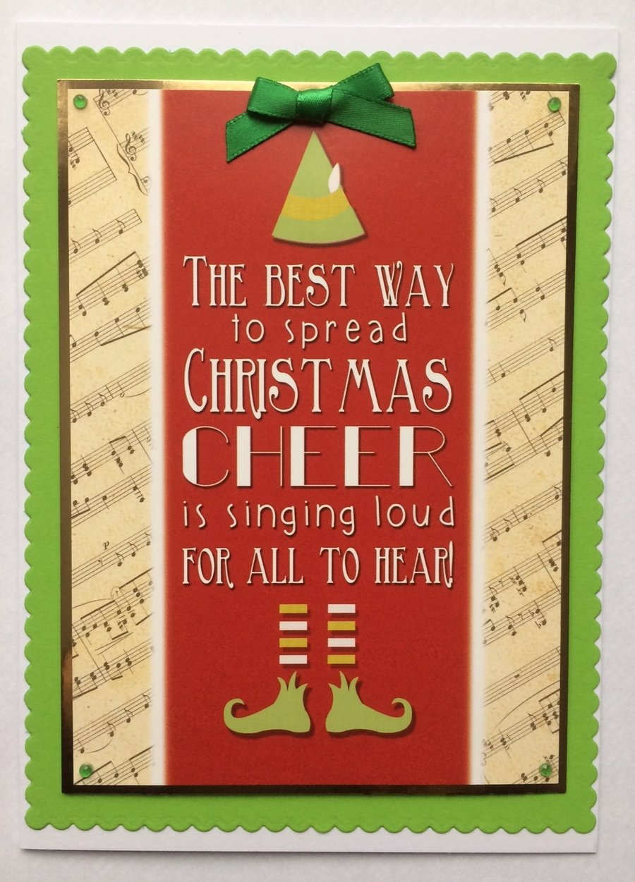 Handmade Christmas Card Vintage Elf and Christmas Music