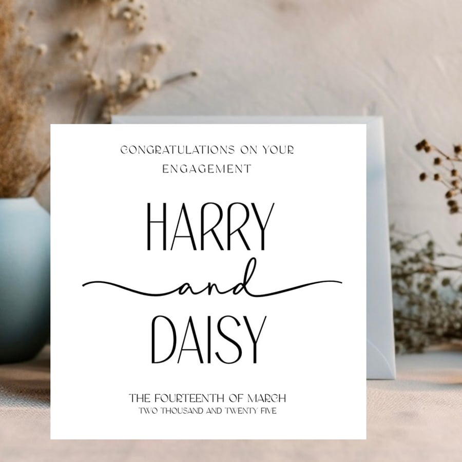 Typology Script with Names Personalised Engagement and Congratulations card