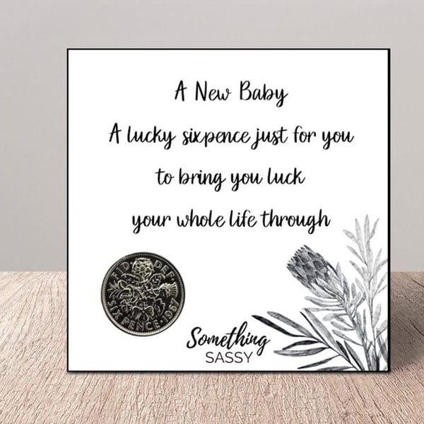 Lucky Sixpence New Baby Flat Card with Envelope can be personalised.
