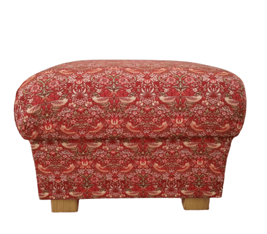 William Morris Strawberry Thief Crimson Red Fabric Storage Footstool Pouffe Bird