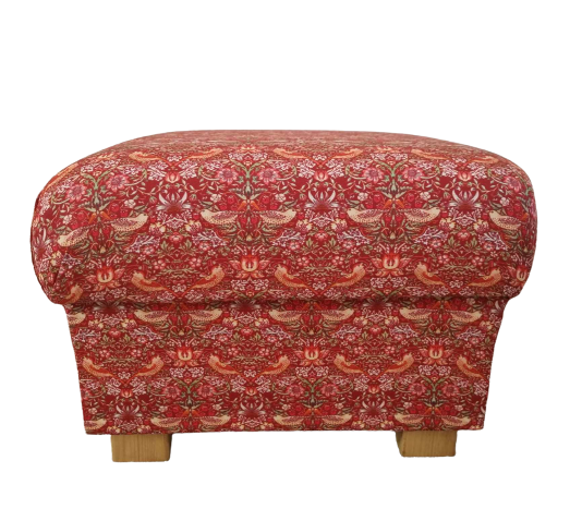 William Morris Strawberry Thief Crimson Red Fabric Storage Footstool Pouffe Bird
