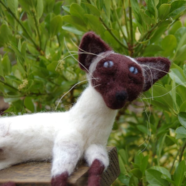 Needle felt Siamese cat, collectable animal sculpture, ornament or decoration