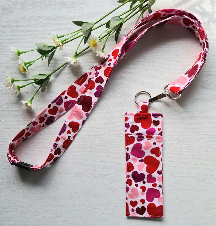 Handmade Lanyard & Pen Holder Set Red Pink Hearts Cotton Teacher Gift